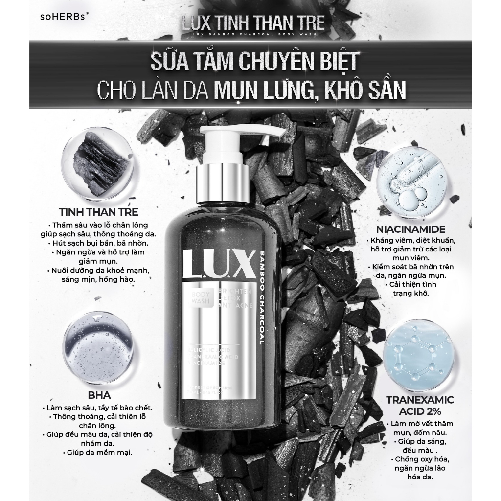 Sữa Tắm Lux Tinh Chất Than Tre SOHERBS 250ml