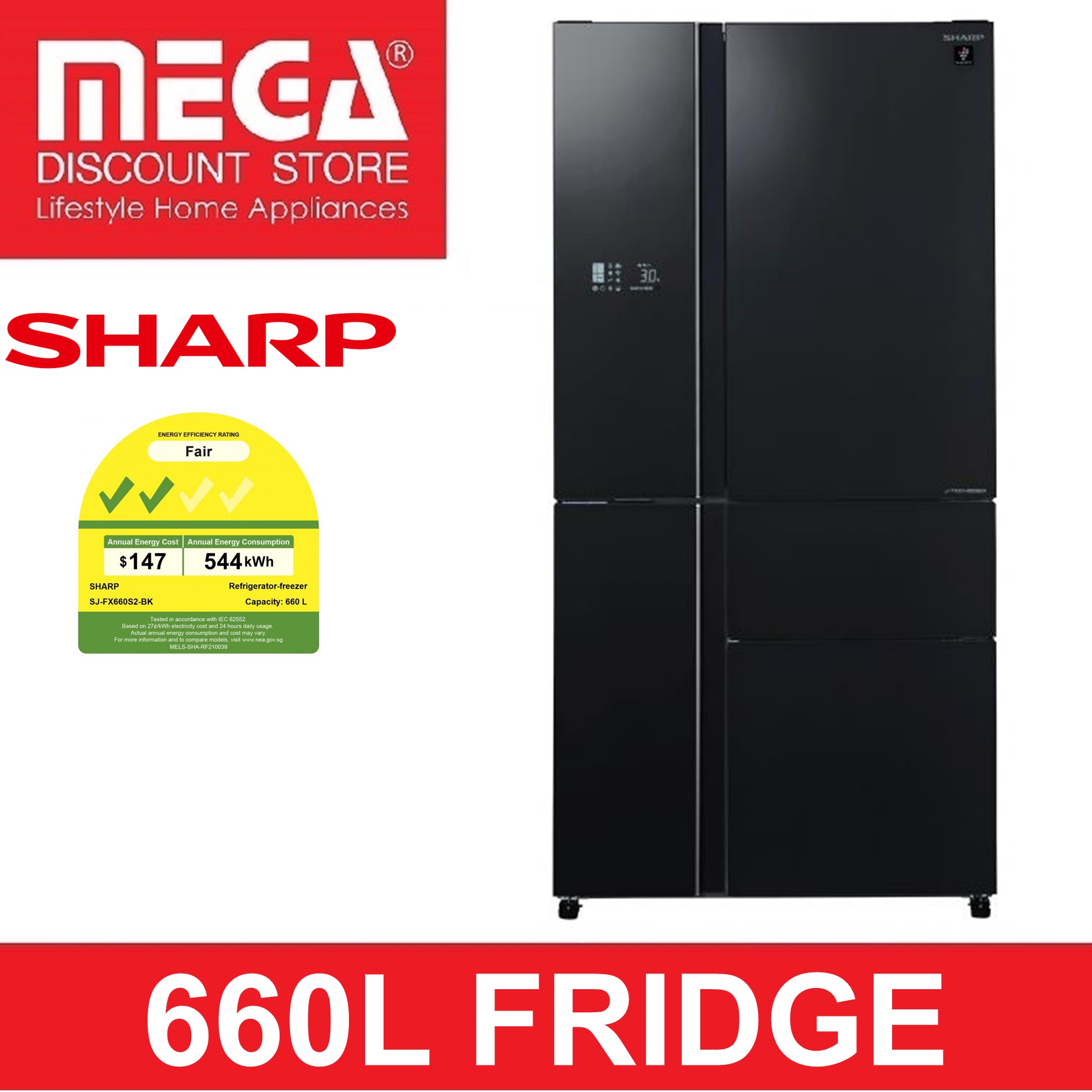 SHARP SJFX660S2BK 660L FRIDGE + FREE FPS40E AIR PURIFIER BY SHARP
