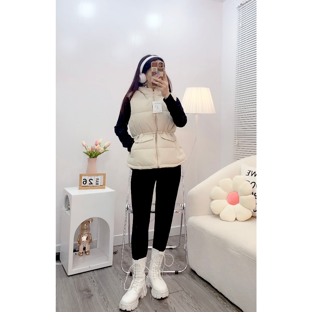 Áo phao gile nữ có mũ dây rút eo