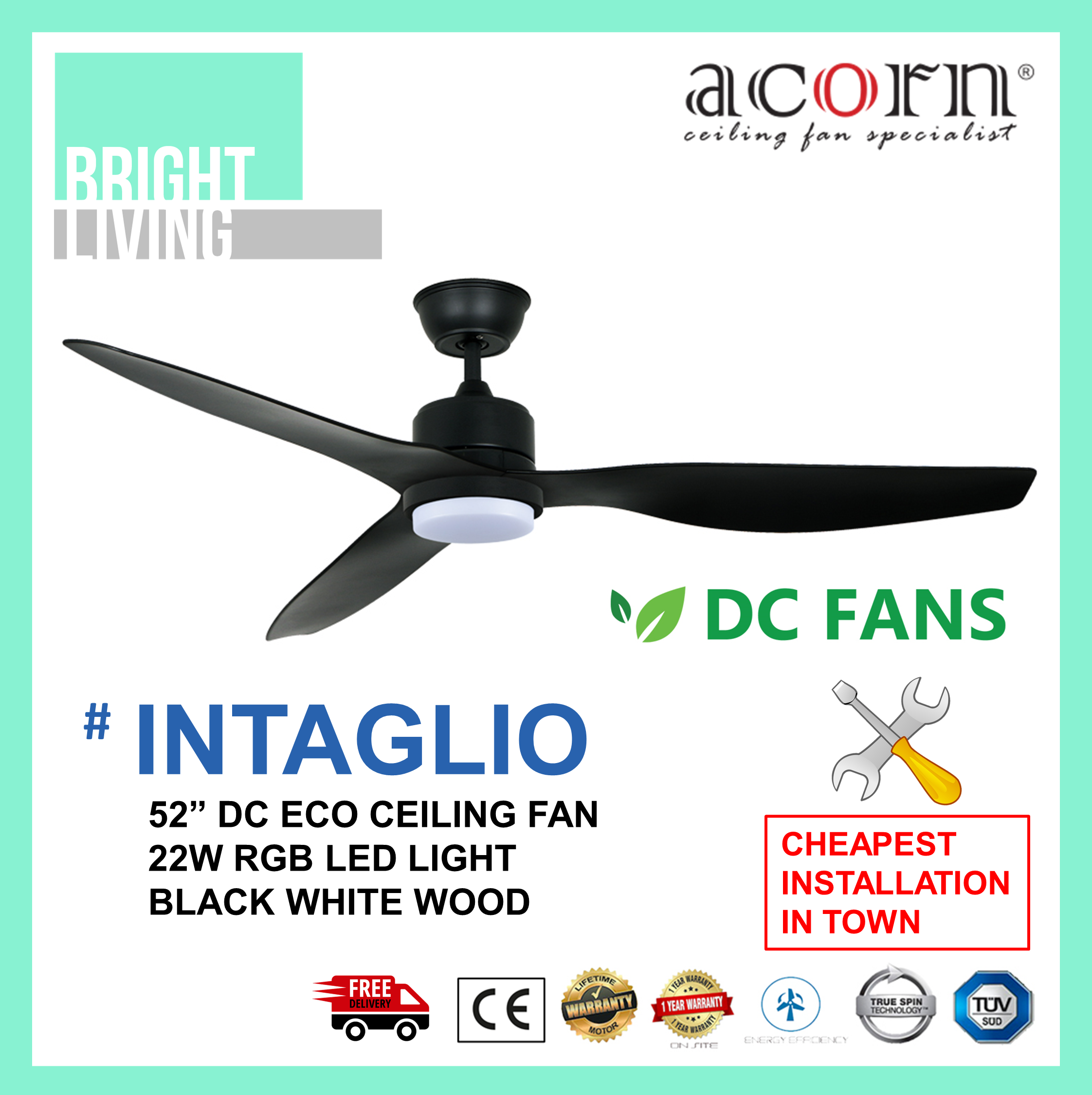 Ceiling Fan+22W RGB LED Light Kit 
