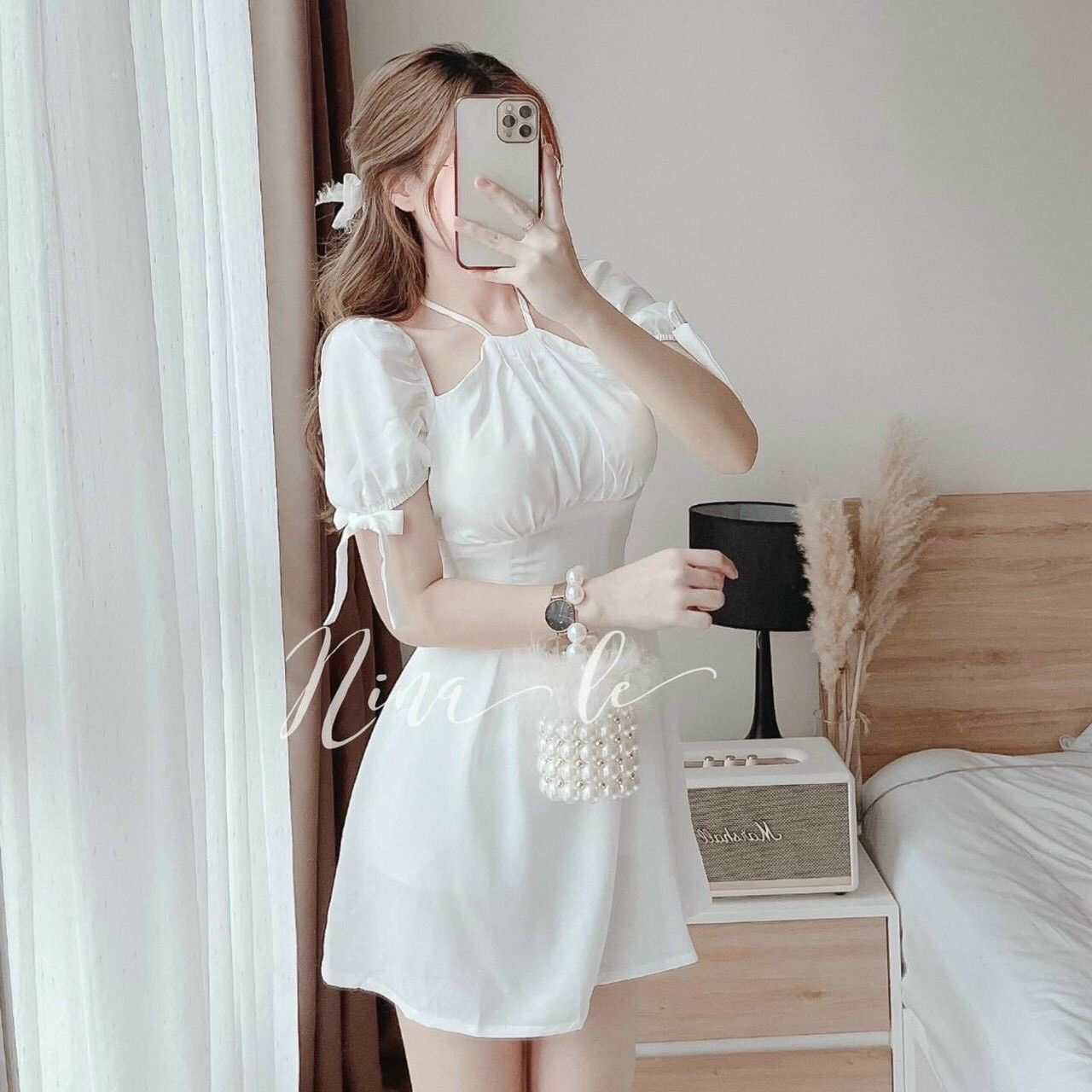 Đầm Cổ Yếm Tay Cột Nơ (có mút ngực)