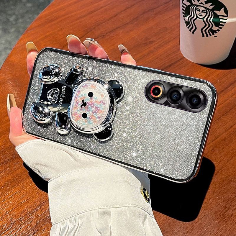 Phone cover Meizu 21 Pro 21 Note 20 Pro Back case with Gradient 3D Bear Folding Stand Bracket Luxury Slim 6D Plating Glitter Girls for Meizu 20 Pro Meizu 21 Note Pro Back Cover. 