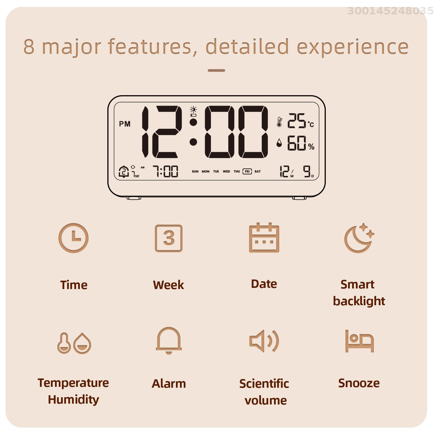 8001-EN Multifunctional Digital Clock LED Brightness Adjustable Temperature Humidity Displaying Alarm Clock with Dual Alarms Modes, Week & Date & Month Display, 12/24H Format, Snooze Function, Auto-Dimming, Light-at-Night Mode