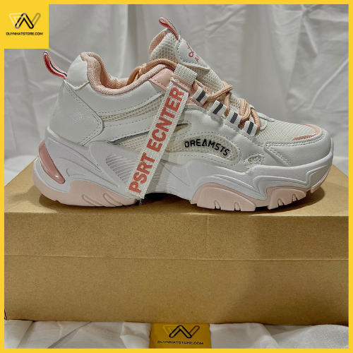 Giày thể thao nữ màu trắng hồng duy nhật store độn đế răng cưa 2 dây kép bonsai uzzang độn 4-5cm êm chân sneaker bata