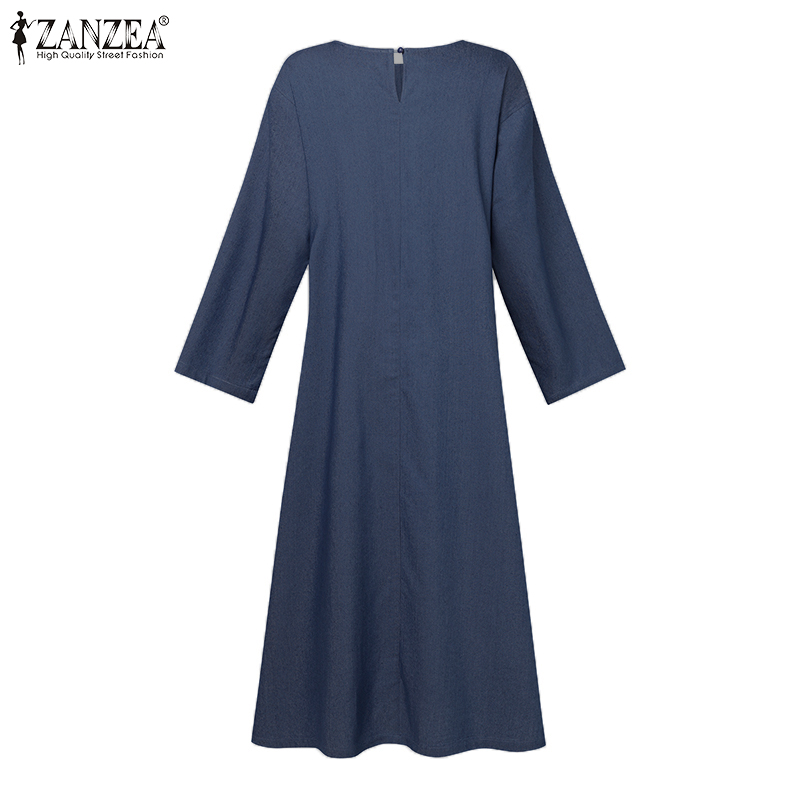 ZANZEA%20Korean%20Style%20Women's%20Dresses%20New%20Fashion%20O-Neck%20Full%20Sleeve%20Buttons%20Plain%20Loose%20Denim%20Dress%20-%20Image%207