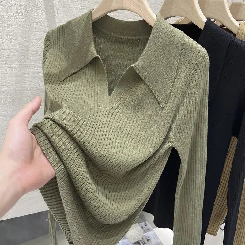 Áo chui đầu nữ dệt kim dài tay dáng ôm cổ Polo mỏng mùa xuân và mùa thu mỏng màu trơn dáng rộng cơ bản