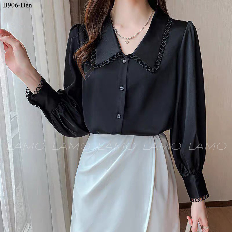 Áo sơ mi công sở nữ lụa ngọc trai phối ren sang trọng _ B906