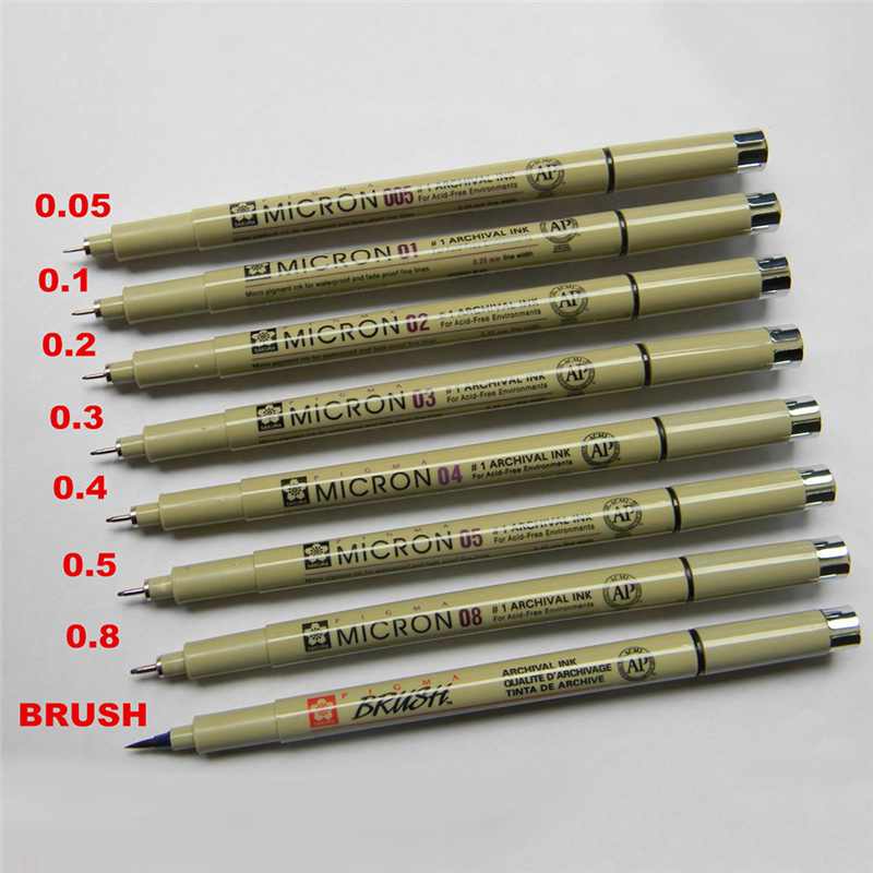 8PCS Sakura Pigma Micron Fine Line Pen Art Supplies 005 01 02 03 04 05 08 BRUSH. 