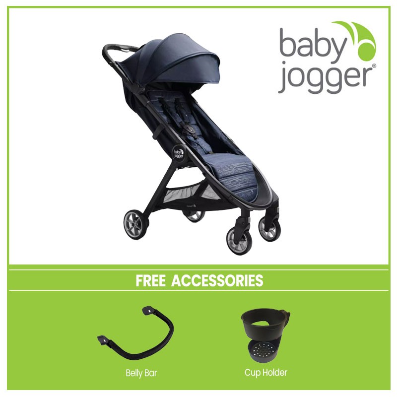 Baby Jogger USA City Tour 2 Stroller (FREE Belly Bar & Cup Holder) - Seacrest Blue, newborn to 22 kg, ultra-compact one hand fold, flight ok, lightweight carry bag, 50+