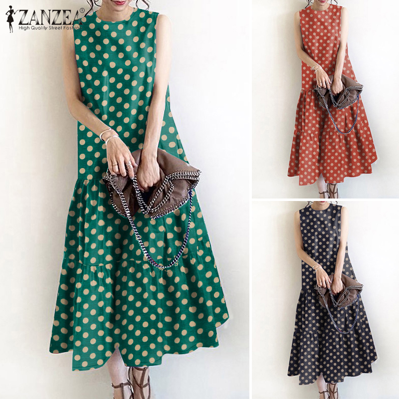 ZANZEA%20Korean%20Style%20Women%20Ladylike%20Polka%20Dot%20Midi%20Sundress%20Round%20Neck%20Loose%20A-Line%20Dresses%20-%20Image%204