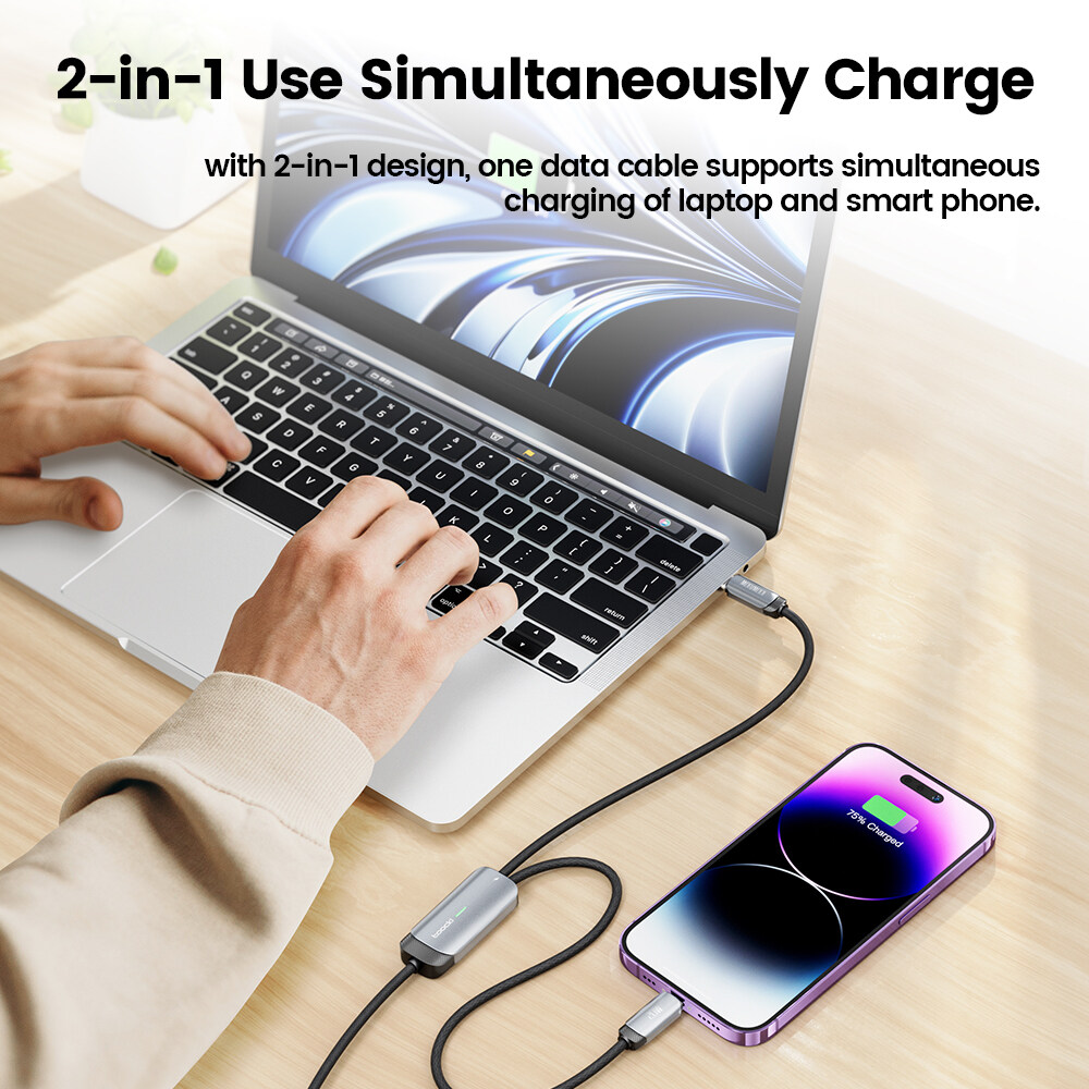 Toocki 100W 2 in 1 Super Charging Cable USB Type C Fast Charger Type C To 1OS Cable Data Cable