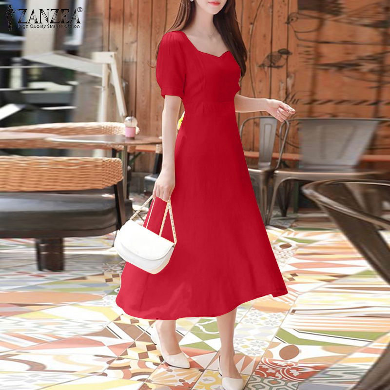 ZANZEA%20Korean%20Style%20Womens%20Puff%20Short%20Sleeve%20Midi%20Dress%20Collect%20Waist%20Elegant%20Party%20Long%20Dresses%20-%20Image%204