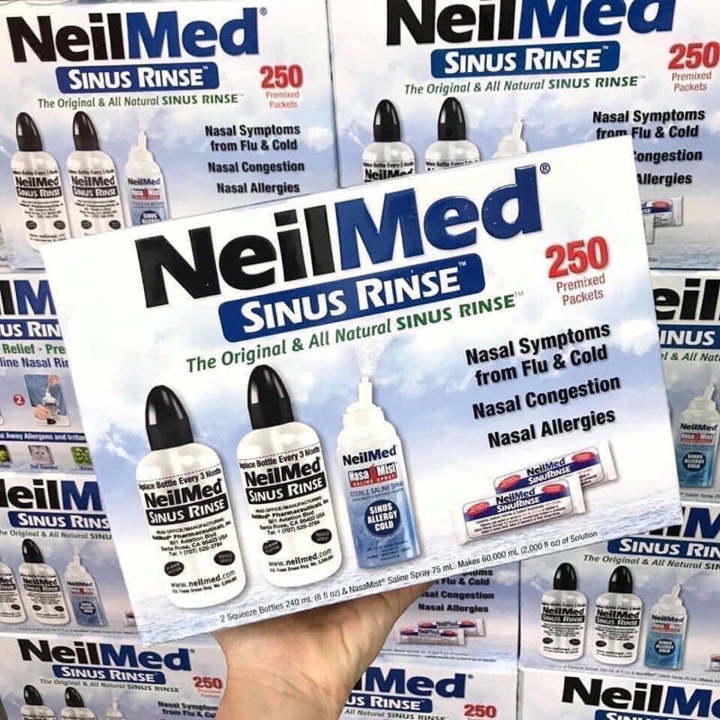 Bộ rửa xoang mũi Neilmed Sinus rinse gồm 250 gói muối 2 bình rửa và 1 bình xịt NTS