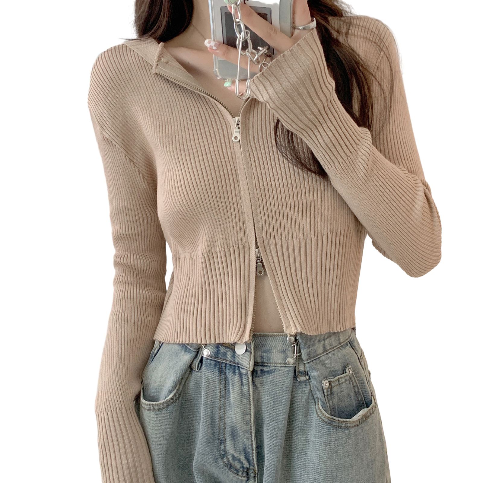 Grebest Double Zipper Coat Double-zipper Knit Cardigan Coat Hooded Knit Cardigan for Women Double-head Zipper Solid Color Long Sleeve Sweater Coat Perfect for Spring and Autumn