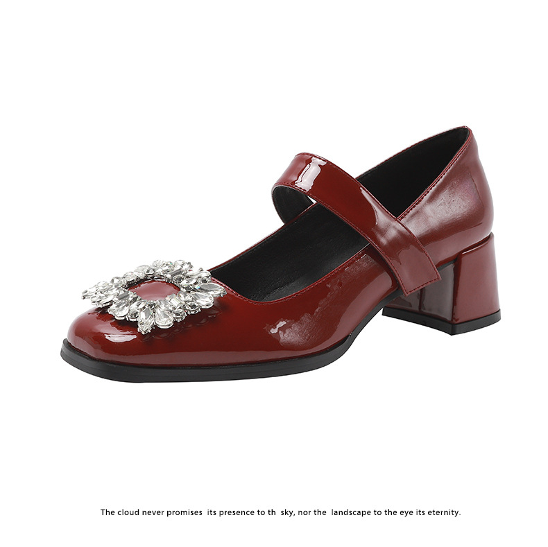 Small Size Women's Shoes Rhinestone Square Buckle Mary Jane Shoes New French Patent Leather Mid Heel Chunky Heel Low-Cut Women's Shoes