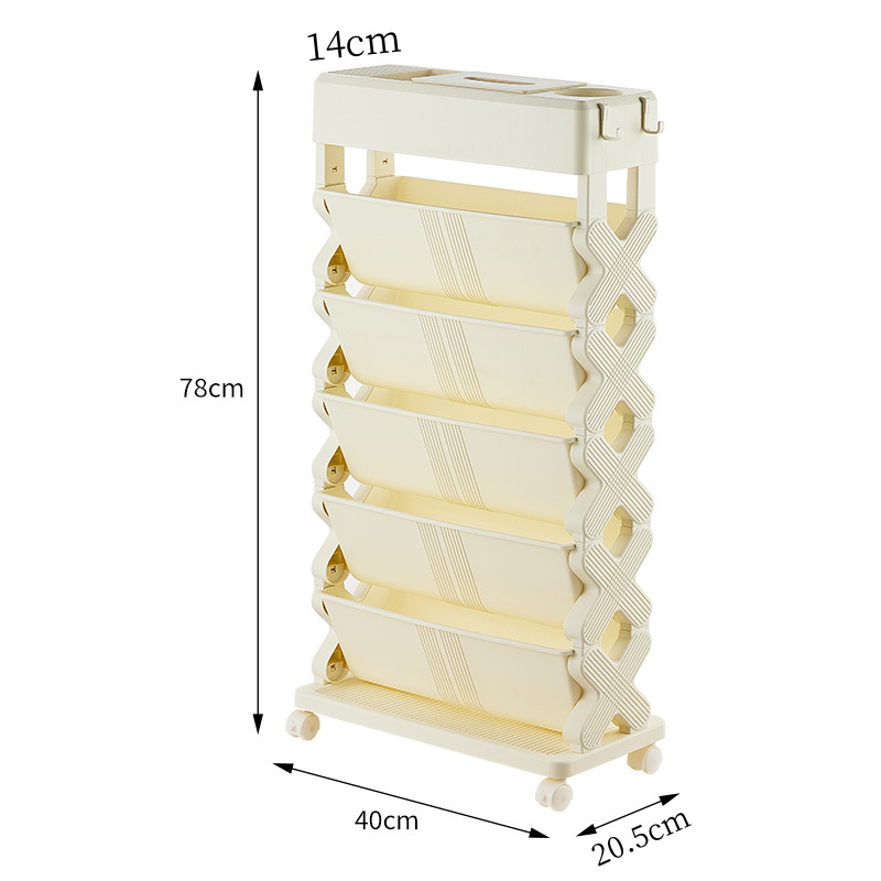 Small bookshelf next to desk, floor shelf, simple slit on the side of the desk, small trolley with wheels, books can be stored and moved