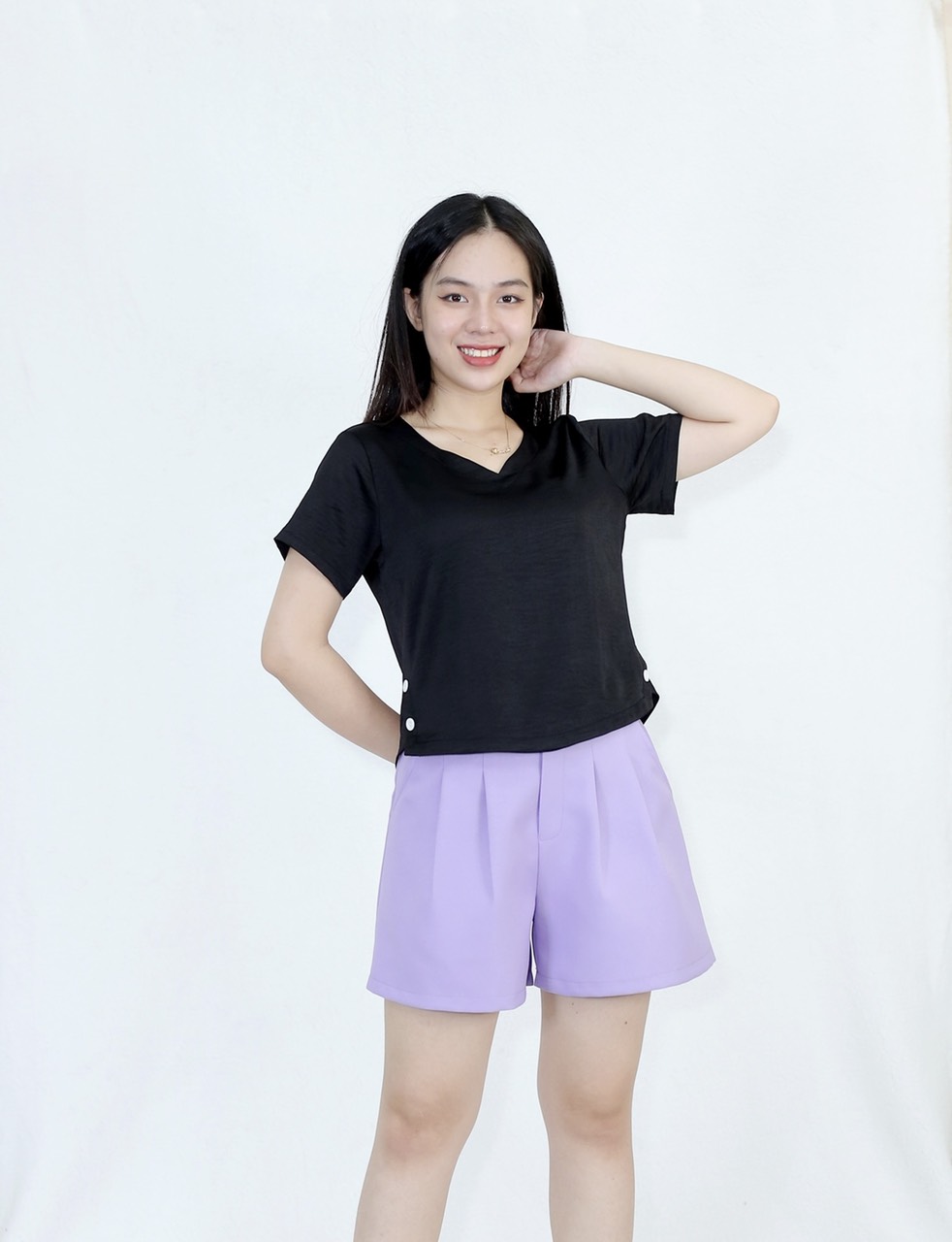 Bộ đồ đùi áo cổ tim quần tây lưng sau chun - quần vải chéo gân áo vải lụa
