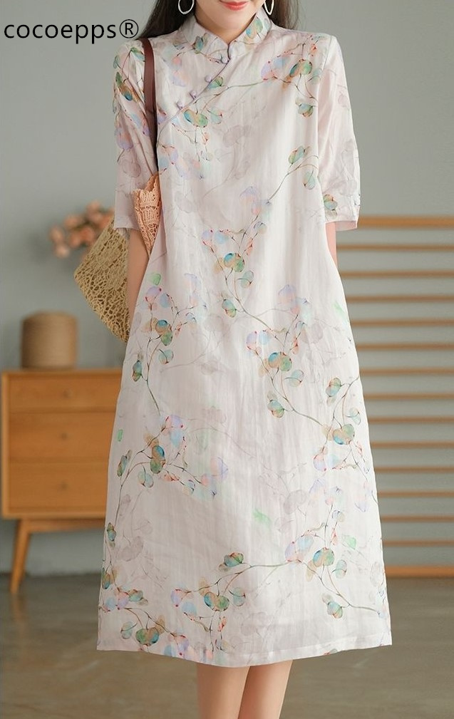 COCOEPPS Summer New Women's Clothing is Elegant and Fresh Chinese Style Improved Cheongsam Cotton and Linen Printed Dress AA