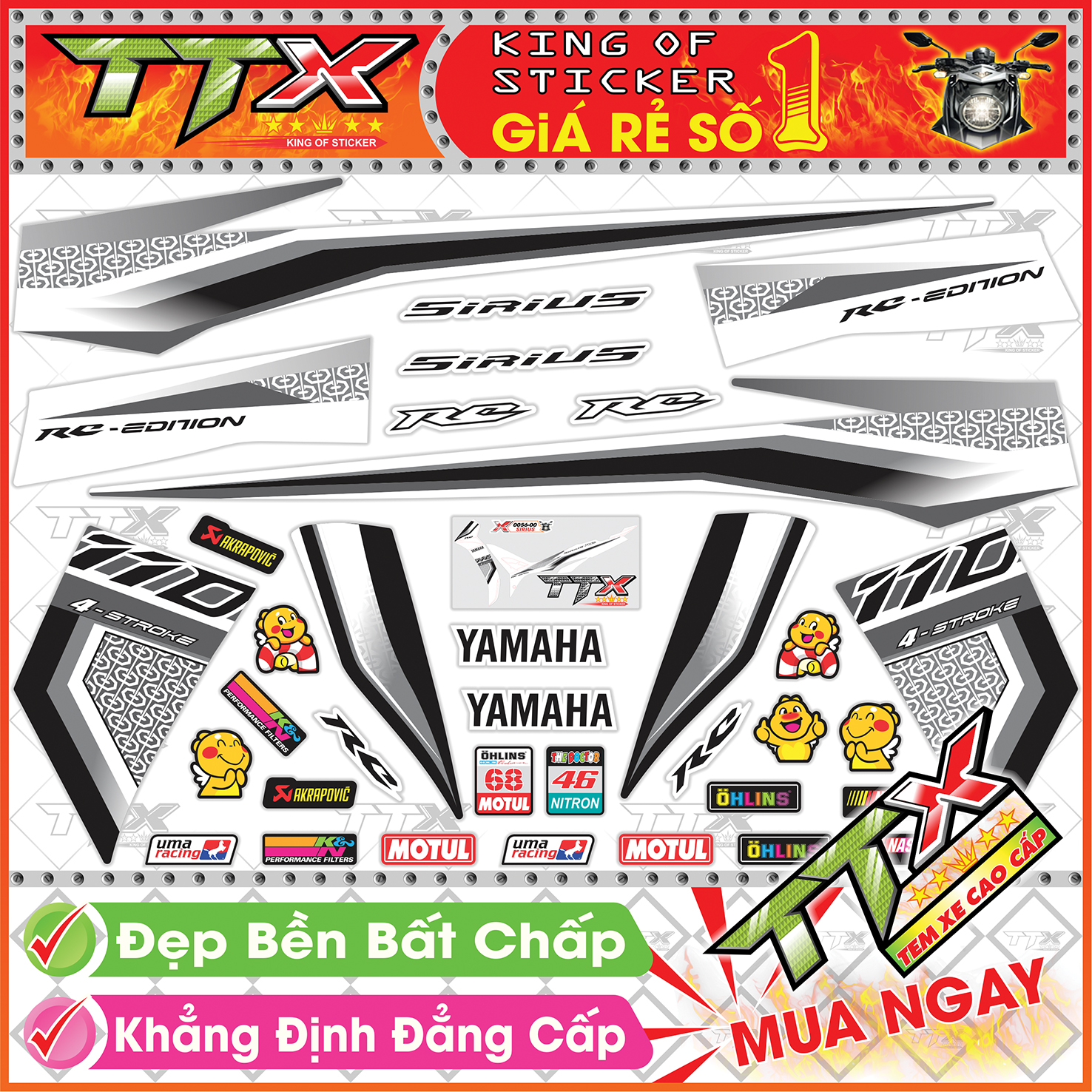 Tem xe sirius đen trắng rc 2022 - tem sirius rc 110 trắng đen siêu đẹp - mẫu team sirius đen trắng