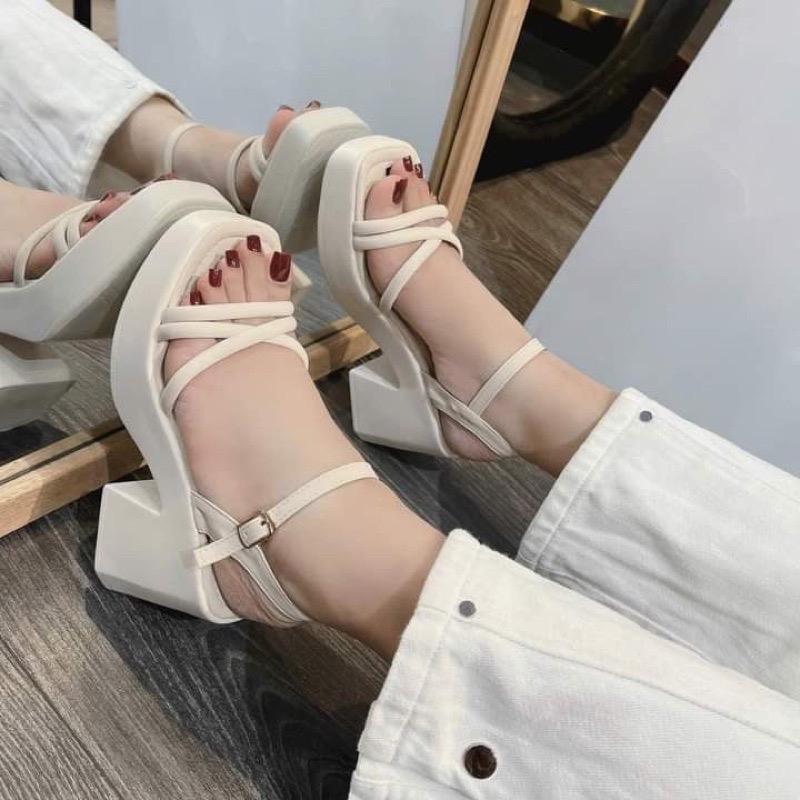 Giày Sandan quai chéo da mềm đế PU cao 7cm