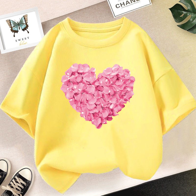 【No-Questions-Asked Refund】 Pink Heart Flower Print Girls Tshirt Casual Cute T-Shirt Gift Yong Girl Fashion Floral Kids Summer Clothes.