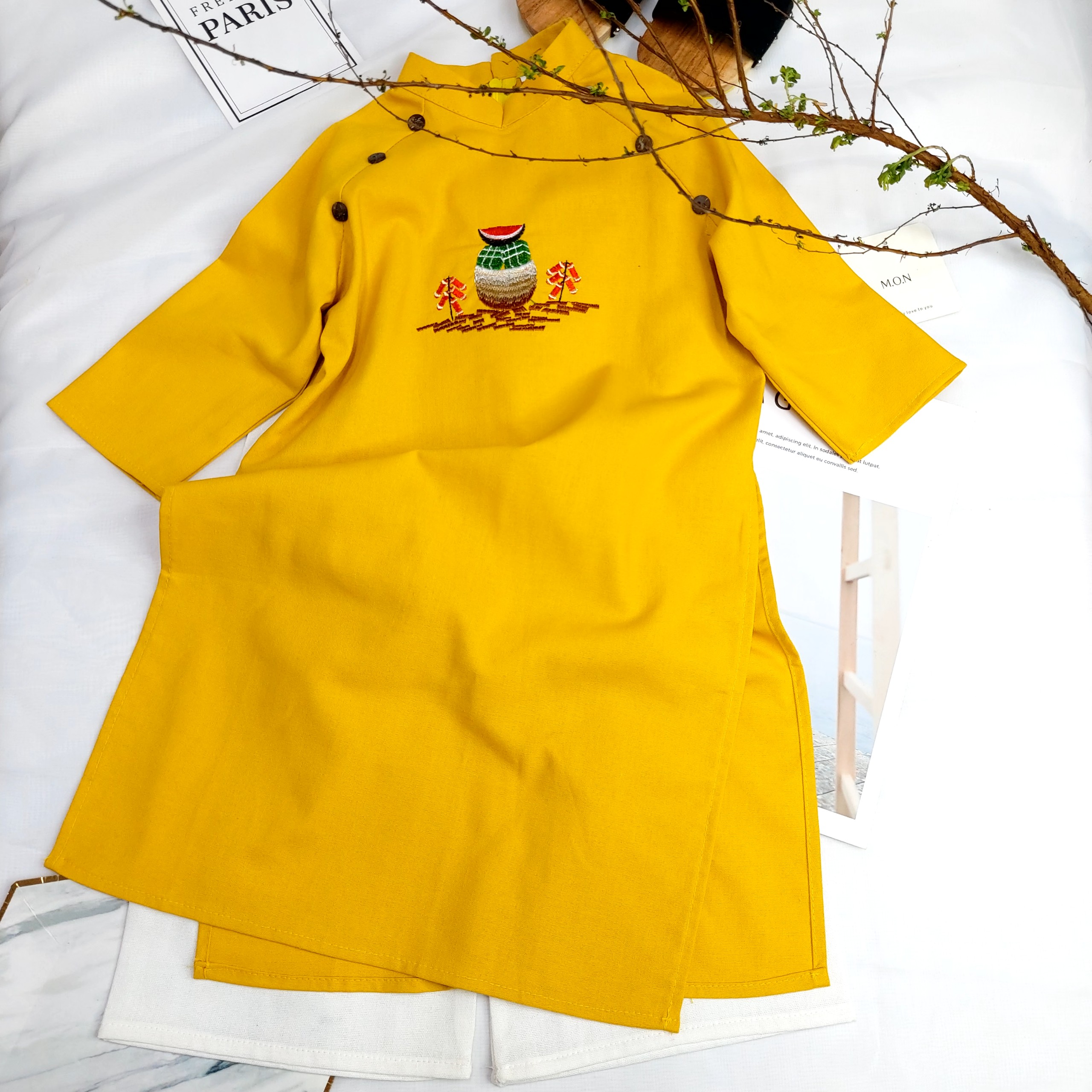 Set Cặp Đôi Áo Dài Anh Em Chất Liệu Linen Vàng