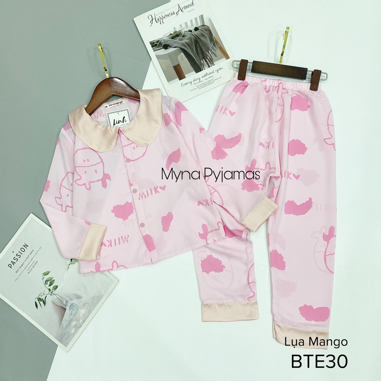 Bộ trẻ em tay dài, chất lụa Mango, ảnh chụp thật - MYNA PYJAMAS