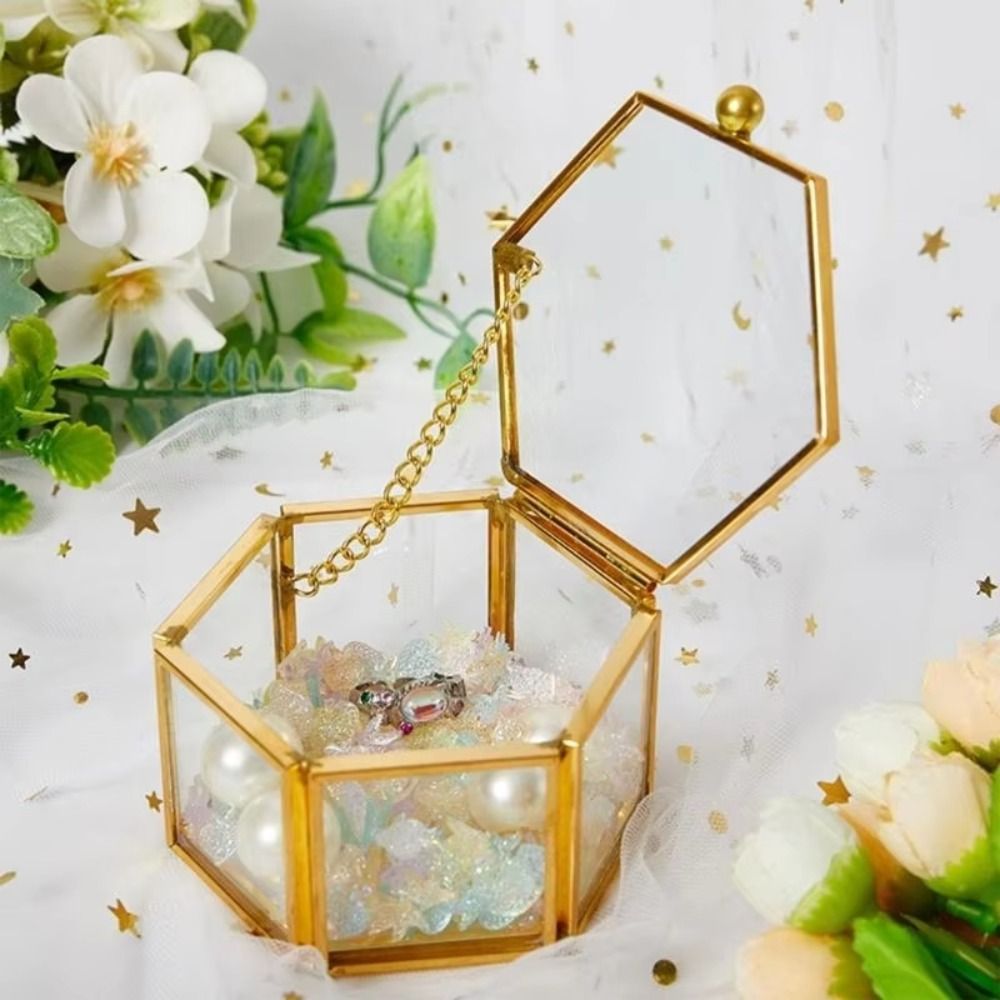 High End Hexagonal Ring Box Glass Hexagon Geometric Jewelry Storage Box 