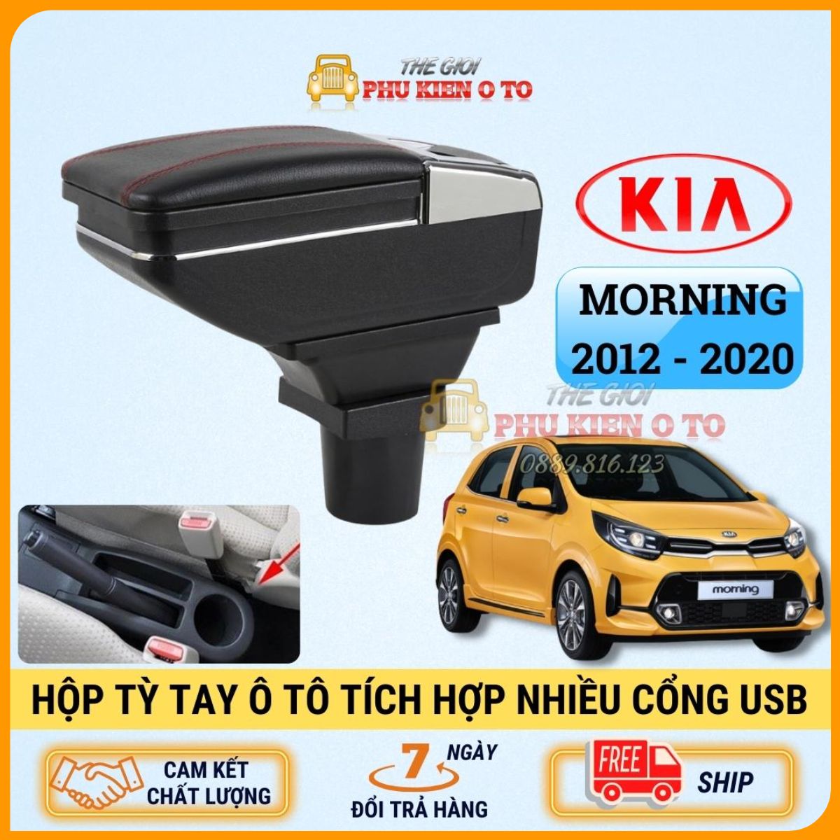 Hộp tỳ tay xe KIA MORNING 2012 - 2020 cao cấp, tích hợp 7 cổng sạc USB lắp vừa tất cả các đời xe