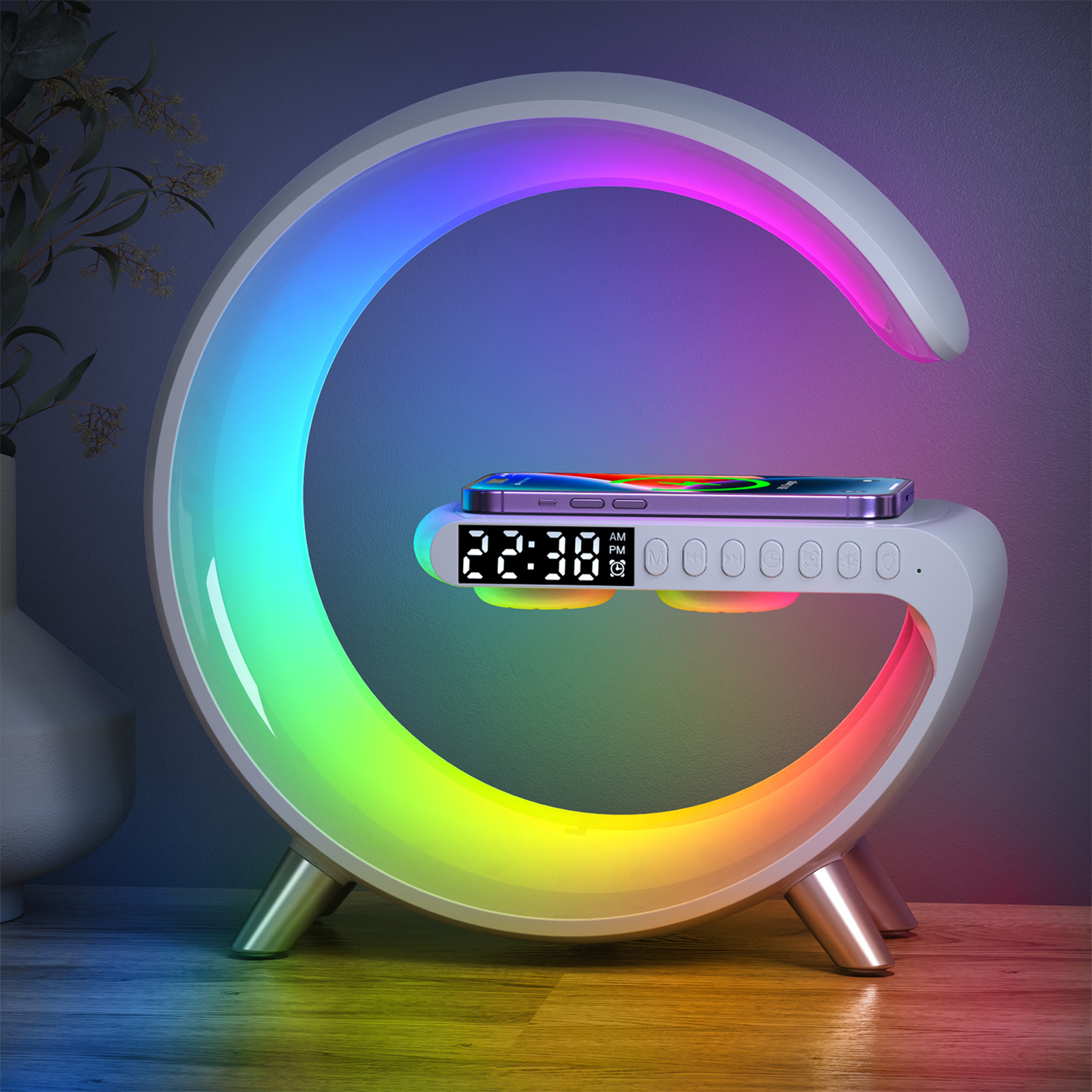 Intelligent G-shaped Bluetooth-compatible Speaker Digital Display Screen Alarm Clock Speaker for Women Men Bedroom Living Room