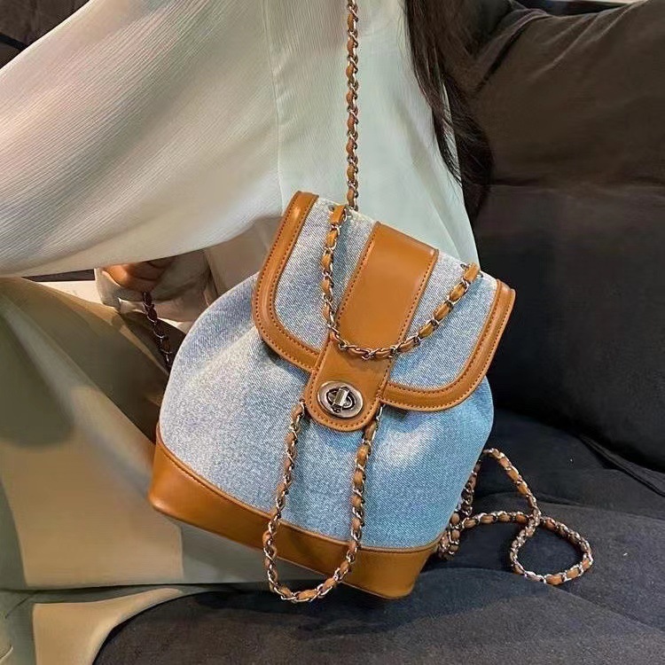 C&K women's backpack denim backpack bag women's trendy Korean casual backpack niche blogger chain shoulder bucket bag