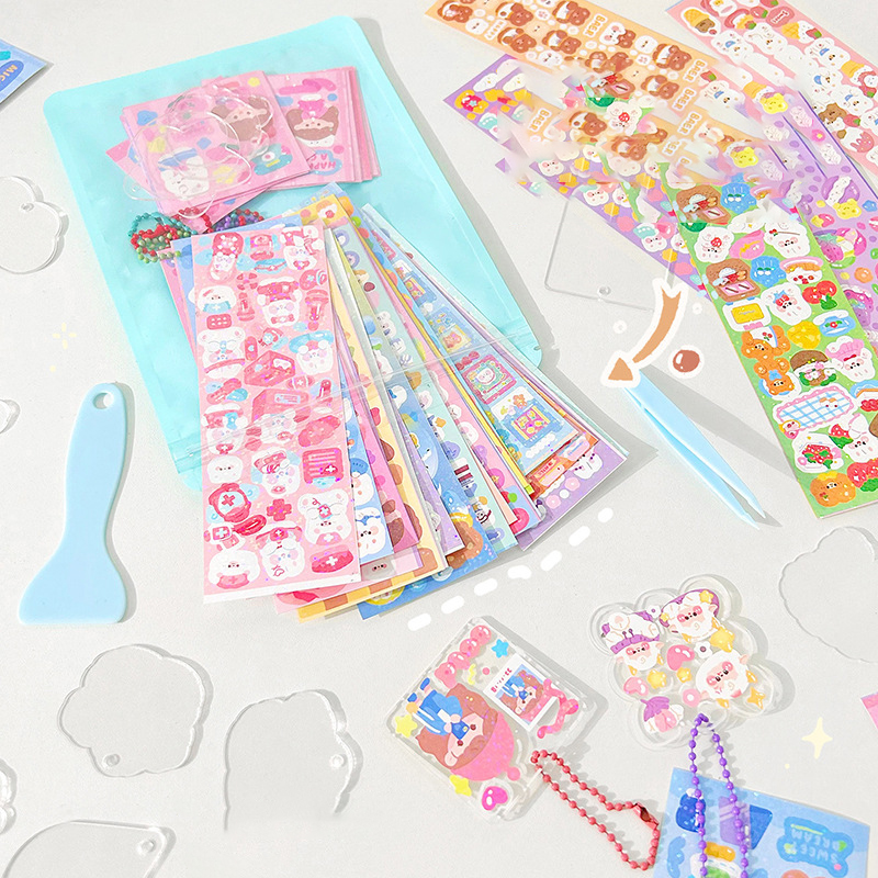 1Set Creative Goo Card Sticker Set DIY Keychain Lovely Cartoon Handmade Tweezers Shovel Scrapbook Tools Kawaii Stationery Supply.