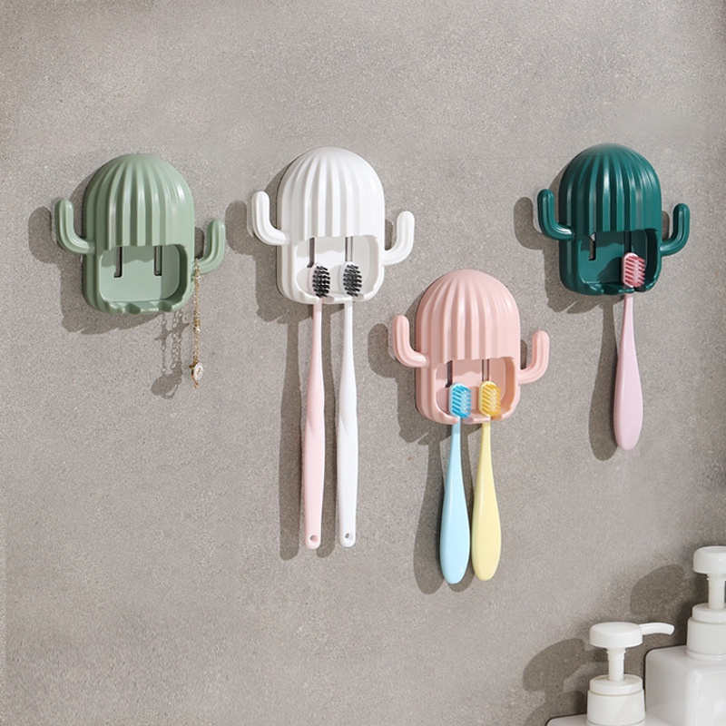 Creative Cactus Shape ABS Toothbrush Holder with Hooks Wall Mounted Toothbrush Storage Rack Bathroom Supplies