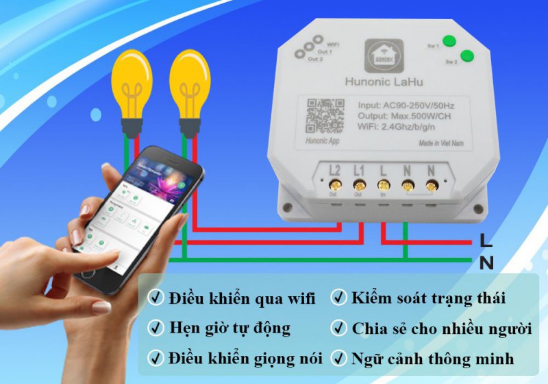 Công tắc Hunonic Lahu 2 kênh (500W/1 kênh)
