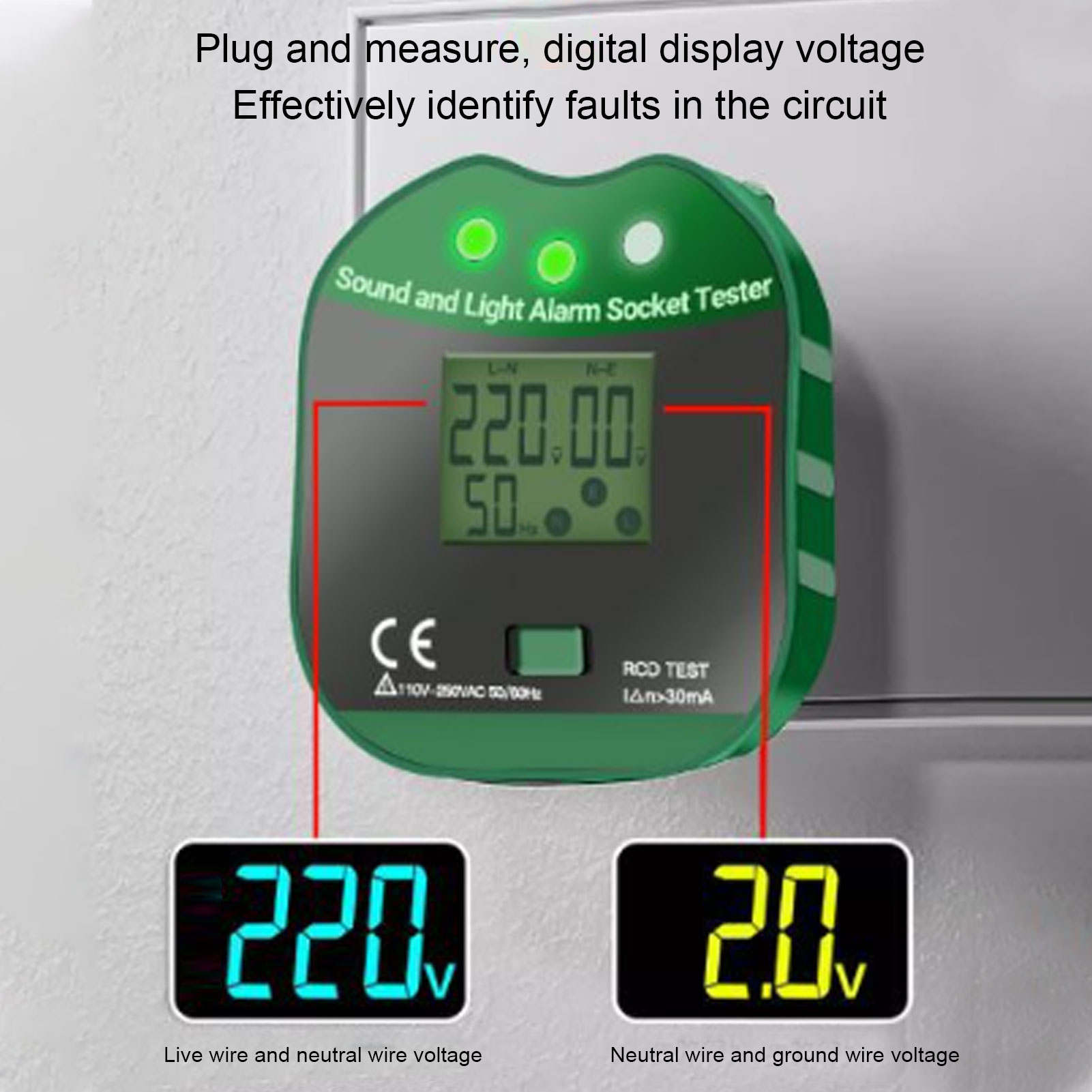 Socket Tester 110‑250v Digital Display Socket Tester Outlet Plug and Measure for Home