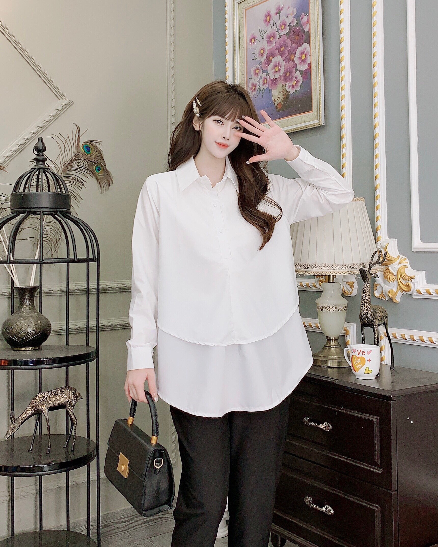 Áo bầu sơ mi công sở dài taychất đũi
