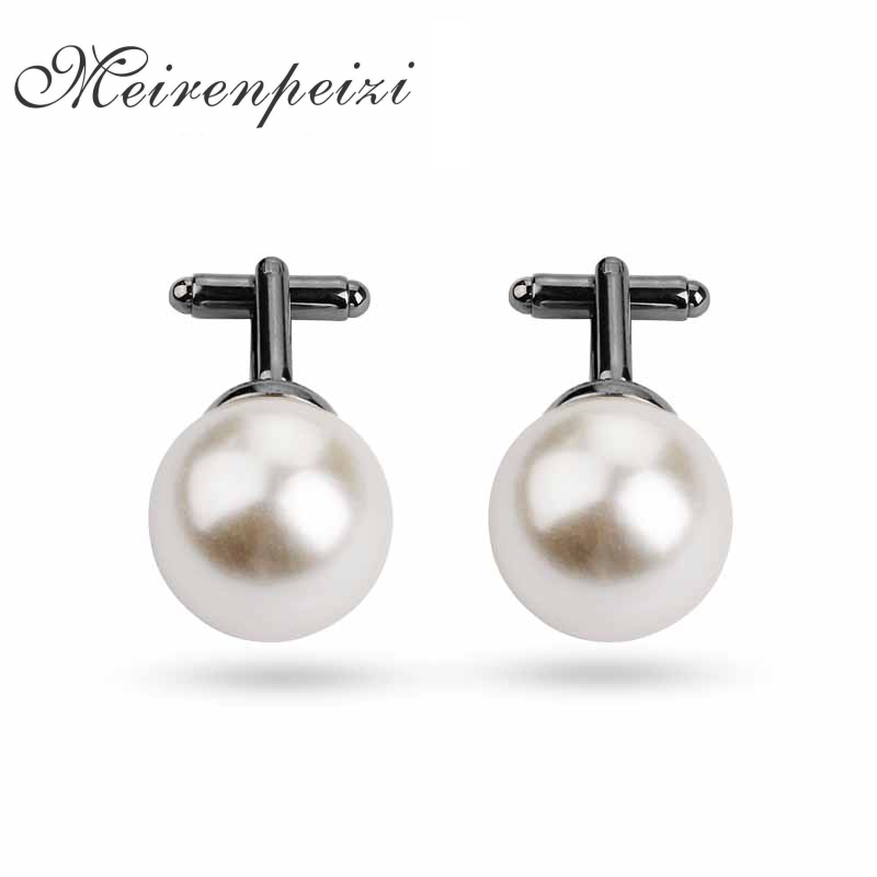 【a470ae32】Imitation pearls Cufflinks man round white beads Cuff woman big Shiny Business Casual Cuff Buttons for suit. 