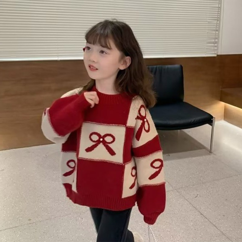Insular Girls' thick red sweater, winter children's sweater, Christmas sweater, New Year's sweater