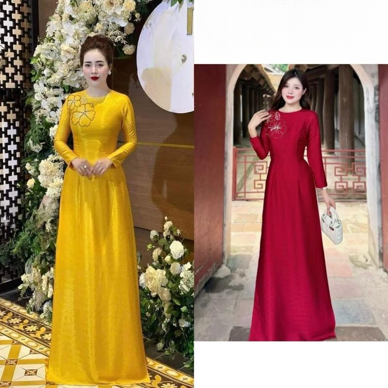 Áo Dài Thiết Kế Chất Liệu Lụa Vân Gỗ Cao Cấp, Đính Kết Thủ Công, Sang Trọng, Thích Hợp Mặc Đi Tiệc, Sự Kiện,Cưới Hỏ