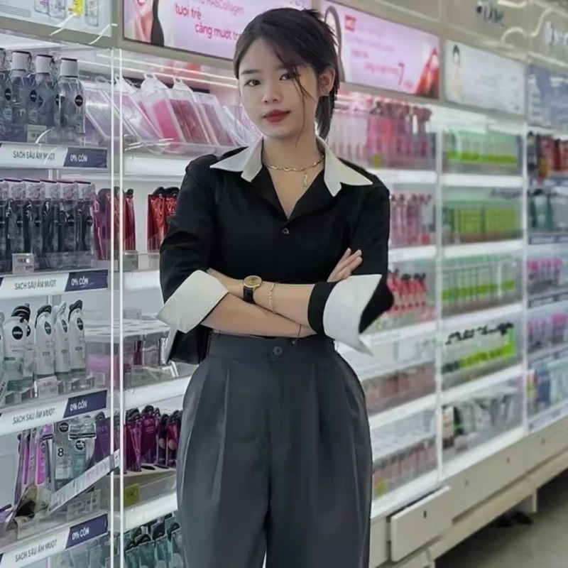 áo sơ mi croptop Եà lệnh tay dài phối cổ cá tính
