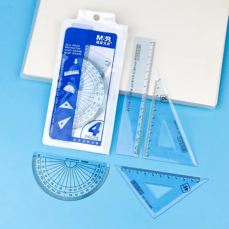 Hot Selling 4 Pcs/Pack Students Maths Geometry Stationery Ruler Set Squares Protractor Supplies