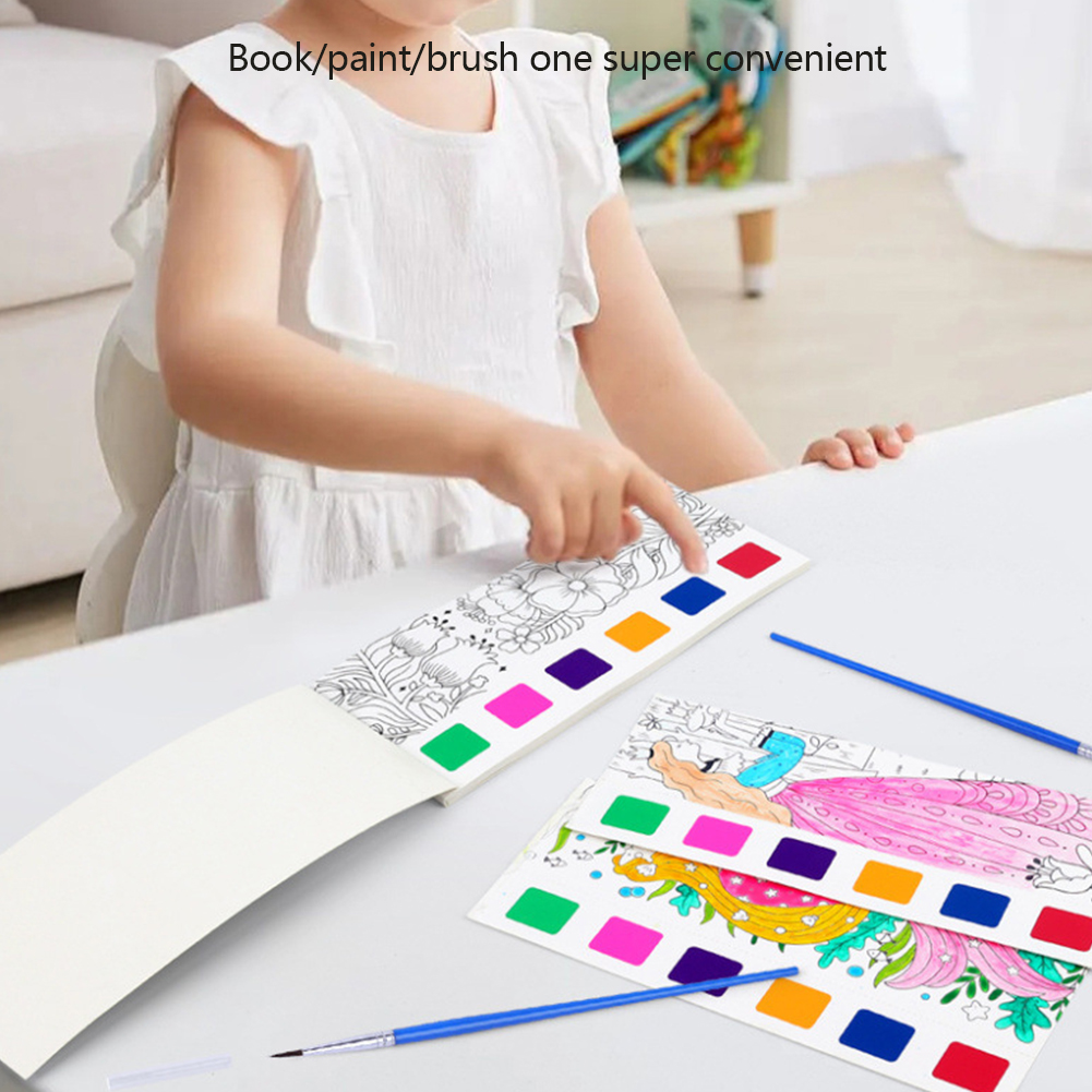 SF Portable Watercolor Painting Book 12 Sheets Coloring Book With Paint Brush Gouache Book Kids Graffiti Picture Drawing Stationery. 