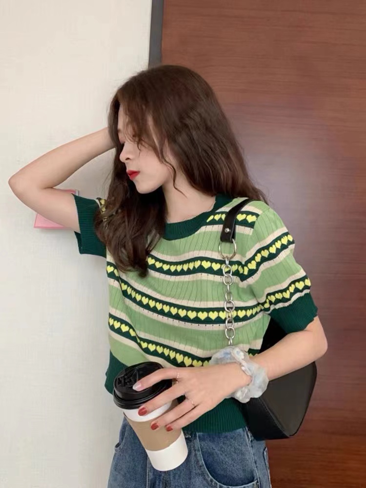 midsummer เสื้อยืดไหมพรมเกาหลี คอกลมแขนสั้น ลายหัวใจน่ารักมาก ผ้าร่อง ...