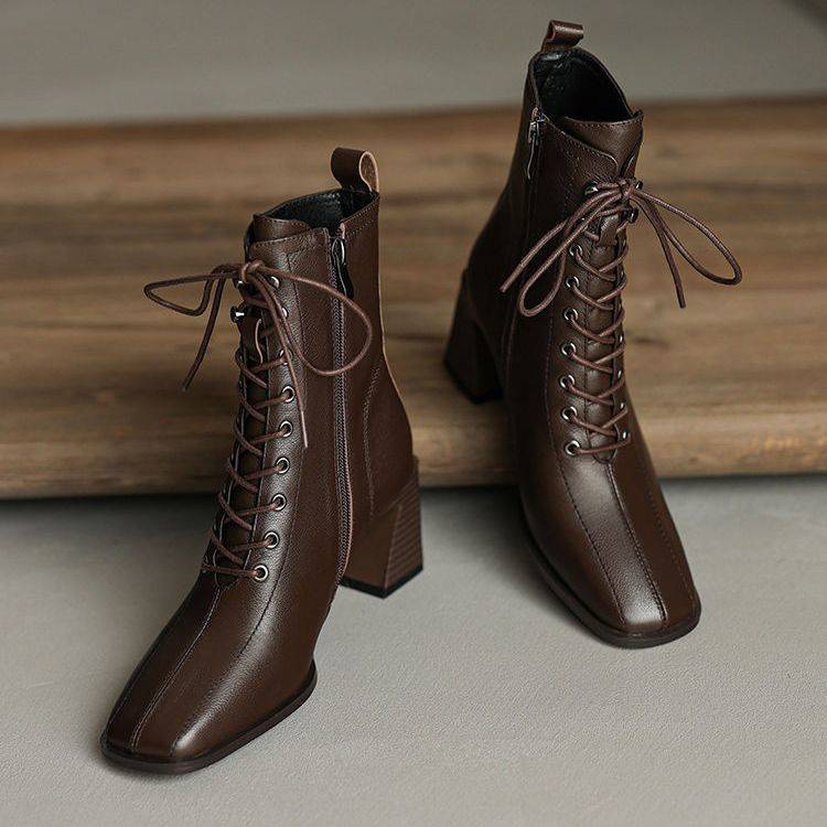 Giày bốt martin da mềm gót cao mũi vuông buộc dây kiểu retro pháp thời trang 20 cho bạn gái giày bốt martin da mềm cao gót mũi vuông buộc dây kiểu retro pháp cá tính cho nữ