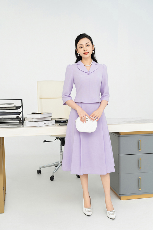 Bộ xước tím áo đờ mi tay lỡ chân váy xếp ly s1329t93 toson