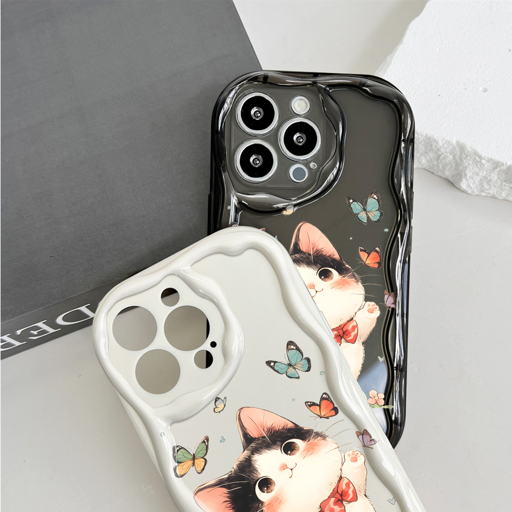 Jizetin for Samsung A10 Back Cover Kitten Playing Butterfly Cream Wavy Edge Soft Silicone Phone Case.
