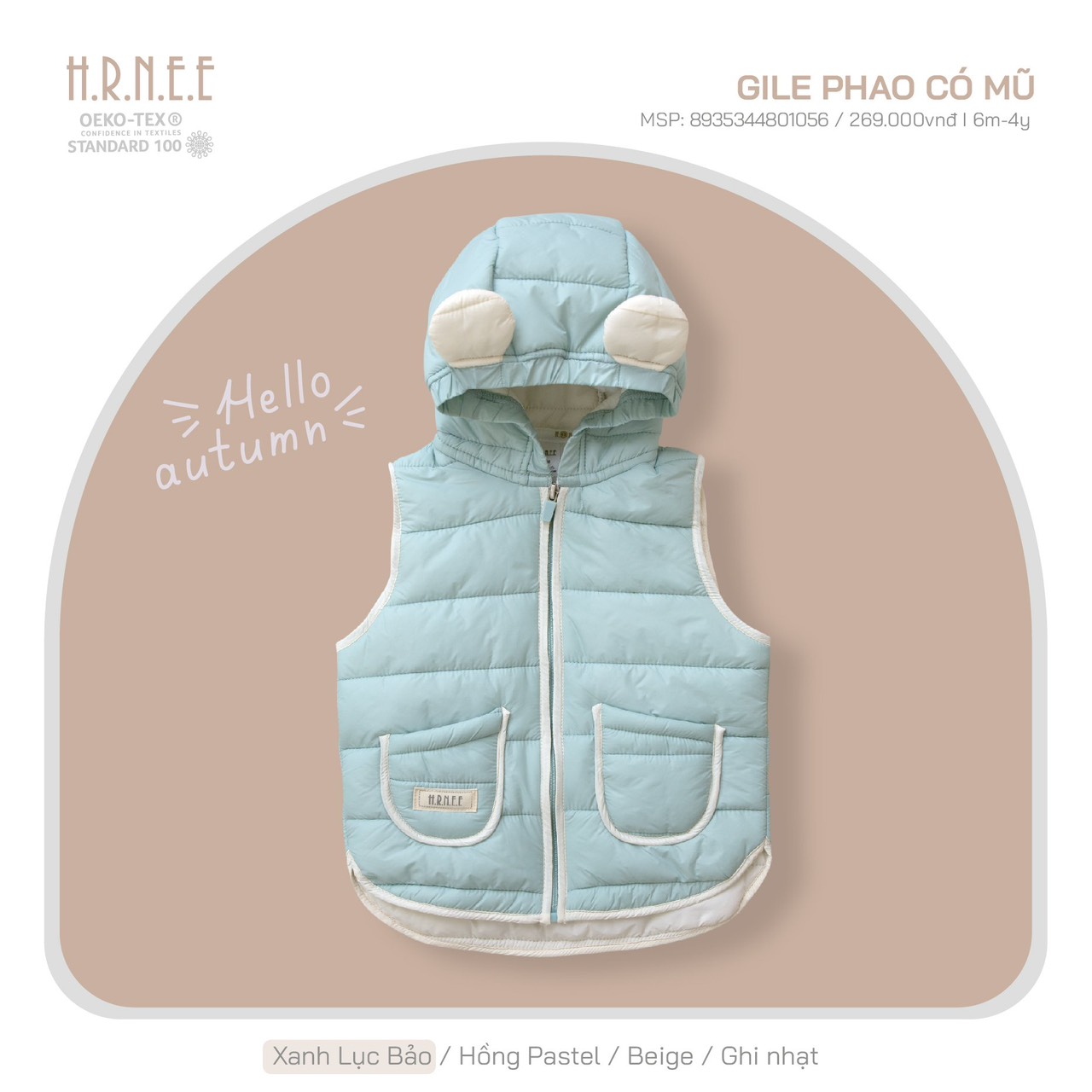 Hrnee - áo gile phao có mũ cho bé