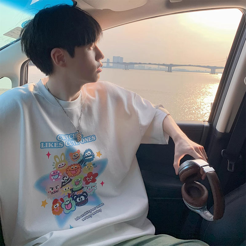 TIDE BEAR Cartoon print t-shirt summer fashion loose short sleeves handsome simple T-shirt crew neck top