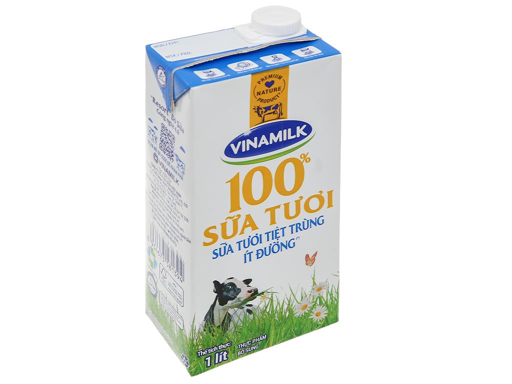 Sữa tươi tiệt trùng Vinamilk 100% Ít đường - Hộp giấy 1L