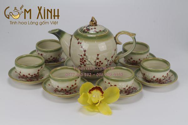 Bộ ấm chén Bát Tràng Chóp lửa men da lươn vẽ hoa đào
